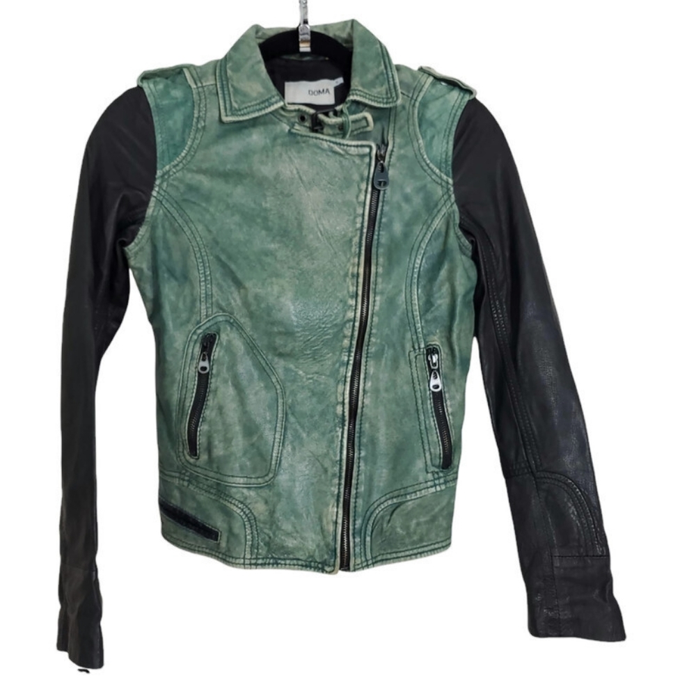 Doma Green Black Distressed Leather Moto Jacket S